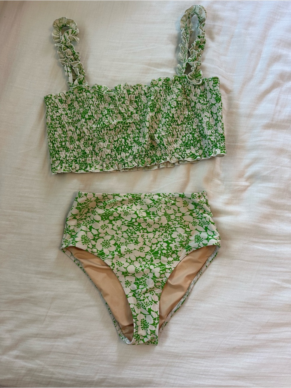Faithfull the Brand Green Floral Smocked Bikini Set